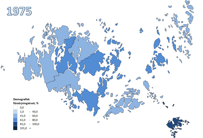 Animerad karta som visar den demografiska försörjningskvoten på Åland mellan 1975-2040