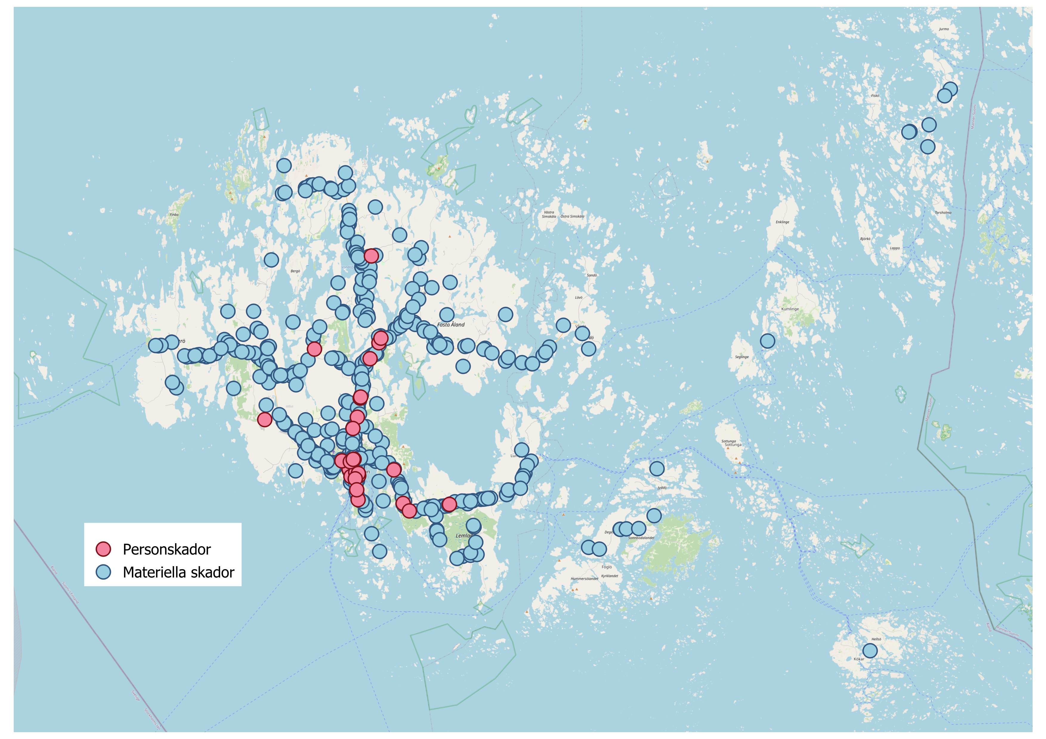 Karta som illustrerar var på Åland trafikolyckorna inträffat år 2023